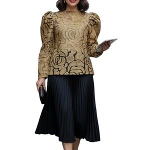 #A041- N BY NANCY Romantic  Gold Floral  Mesh Top with Puff Sleeves NWT  XL